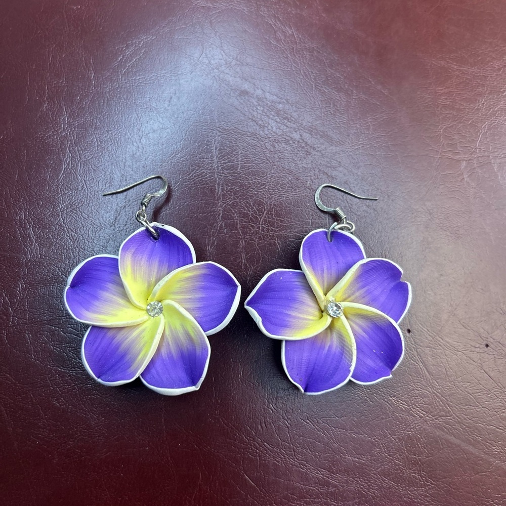 Tropical Plumeria Purple and Yellow Earrings
